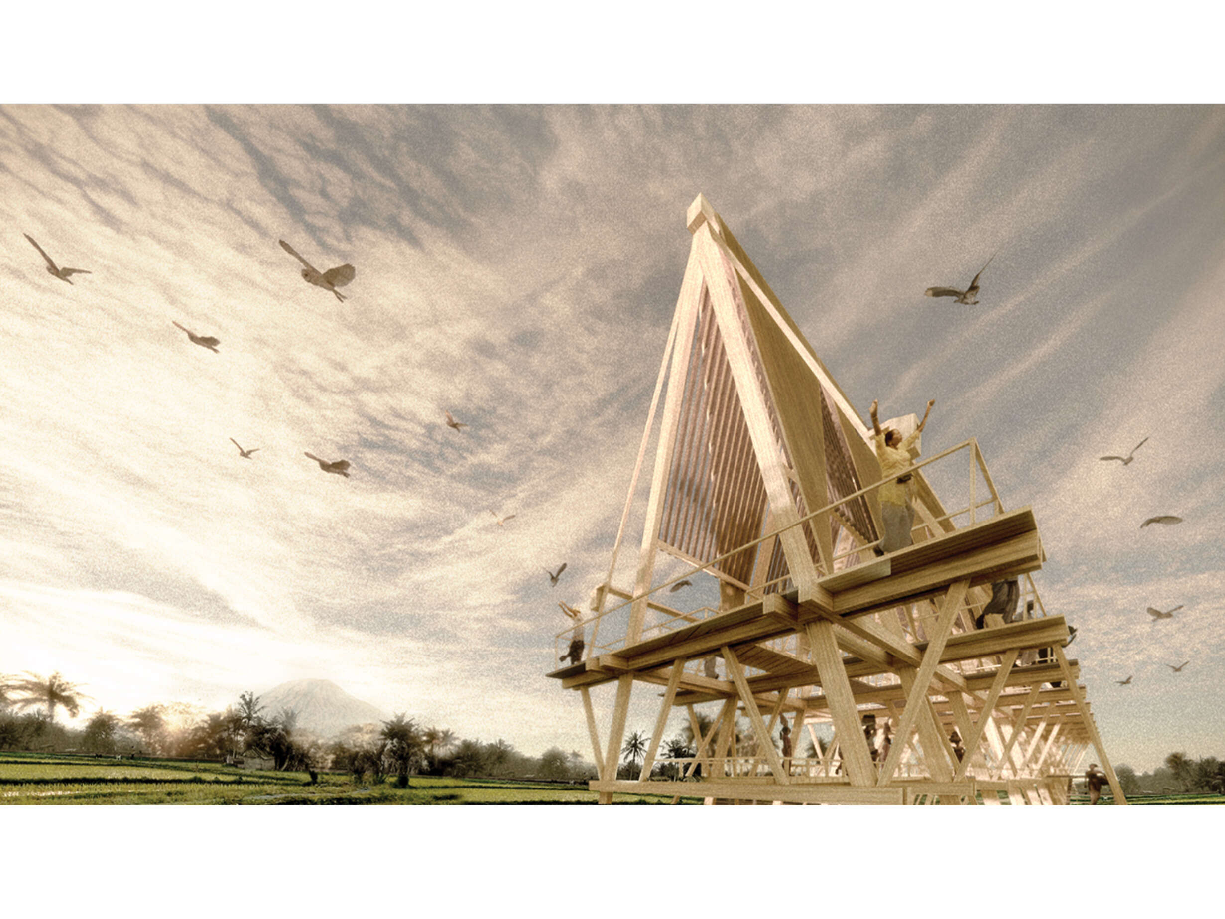 The top platform functions as a barn owl nursery, where villagers perform the 'pest avoidance' ceremony and the daily 'sprinkling holy water' ritual onto the rice terraces below.
