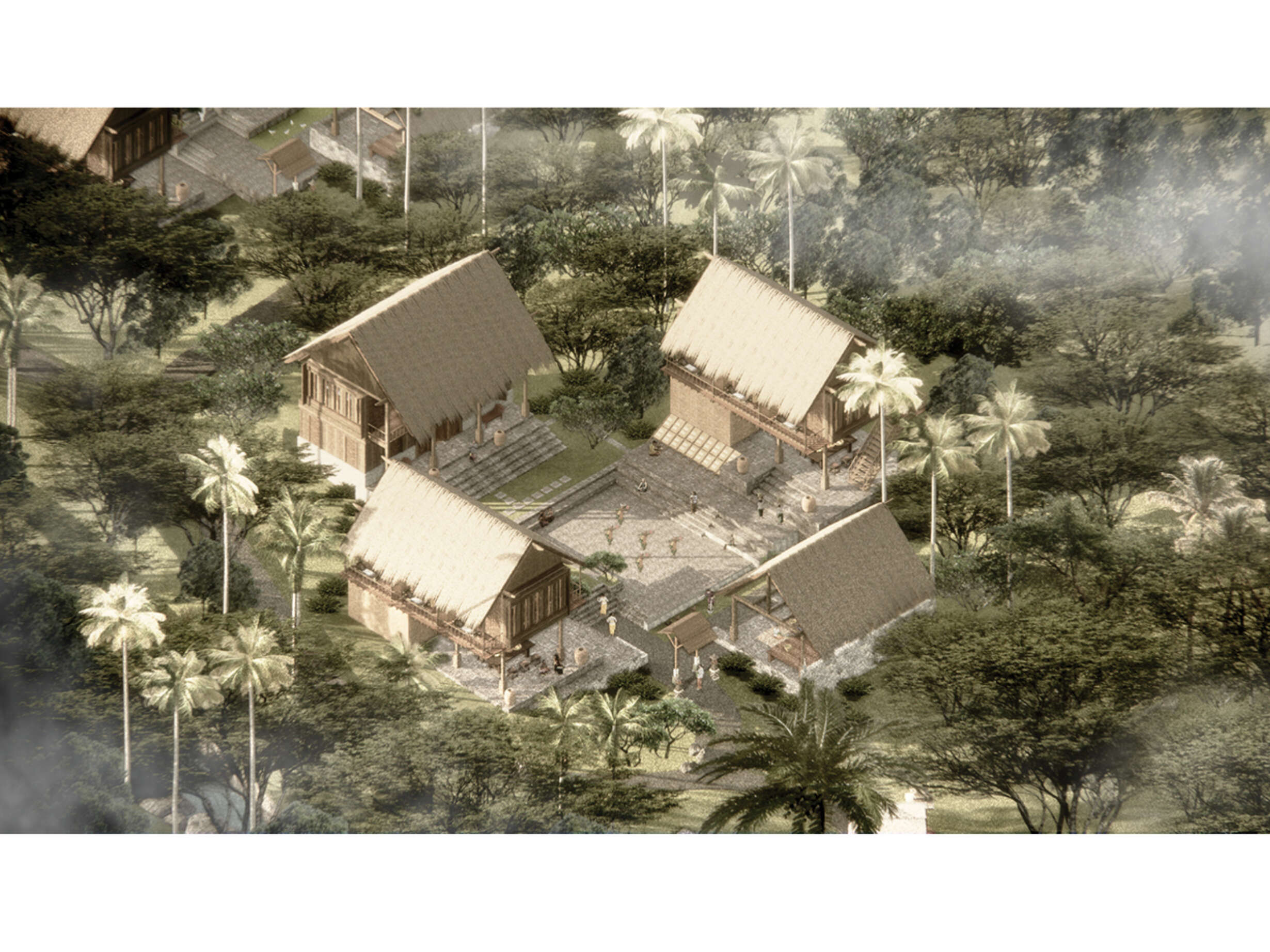 The close-up aerial view of the dwelling compound. It shows the spatial arrangement of the host pavilion on the North, the guest pavilion on the East and West, and the kitchen and the entrance on the South end.
