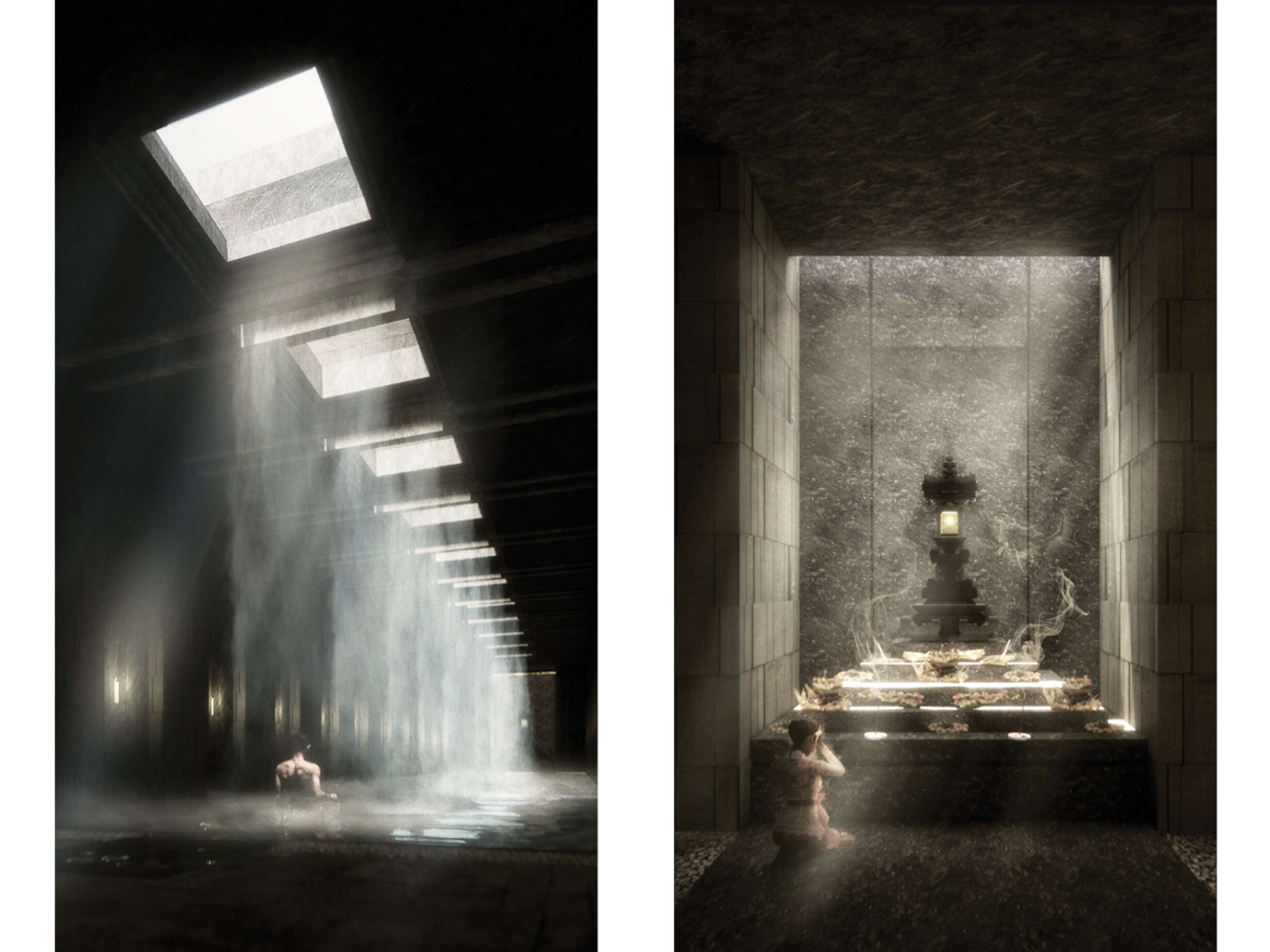 Rituals are performed in the ablution chamber using the sacred river water flowing from above. A shrine sits at the other end of the ablution chamber for visitors to light incense, a moment of pause to pray or reflect.