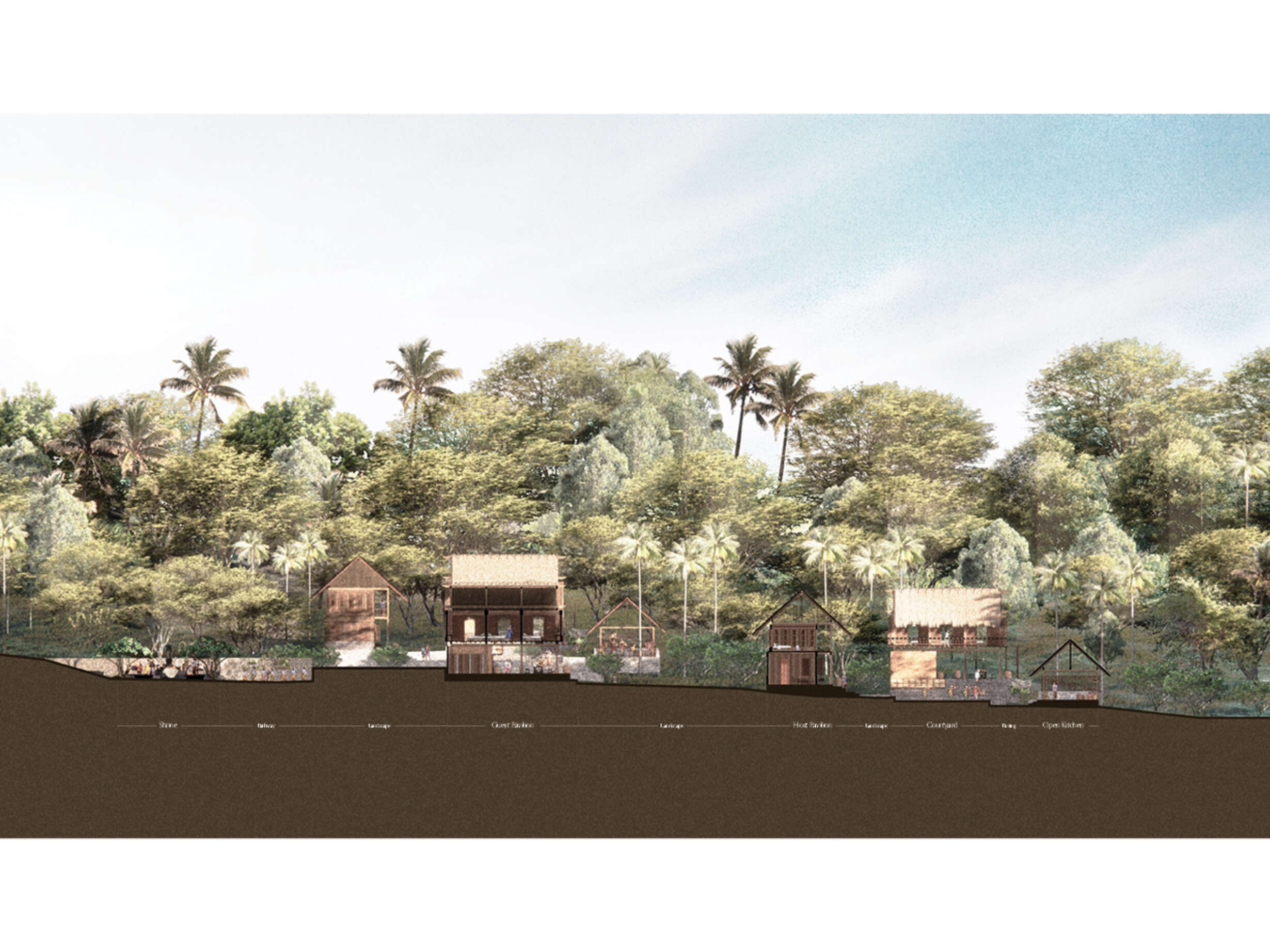 The traditional house compound separates their buildings based on their functions and has structures open to the outside, which is appropriate for the climate. The section shows the relationship between each pavilion, which overlook the central courtyard.