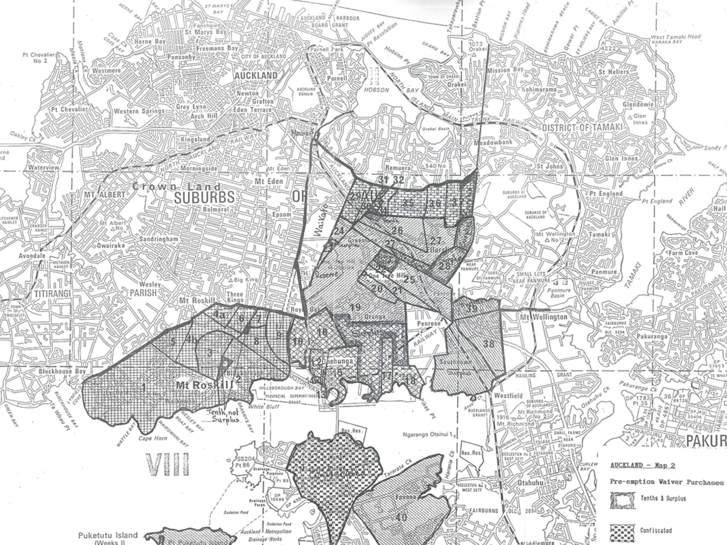 This map by Maurice Alemann shows the land purchases made in the Ellerslie area by early settlers with Māori during the mid-19th century. The Ellerslie Racecourse is located in plots 26 and 27.
