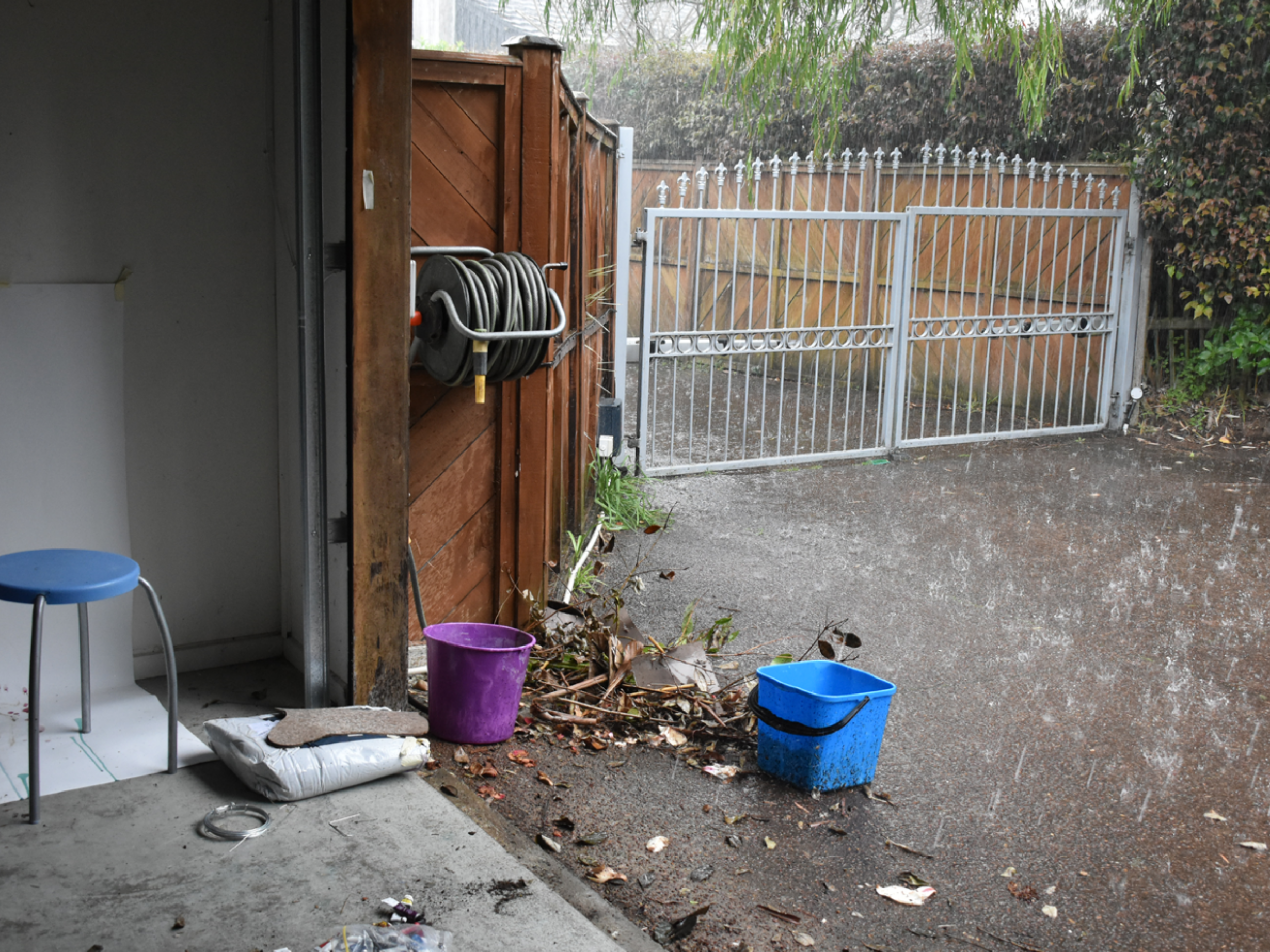 Gathering in the rain. In rainstorms, the ground is transformed into muddy and murky terrain. During this time, rainwater is collected, the connective exercise of Gathering continues under the small shelter of my garage.