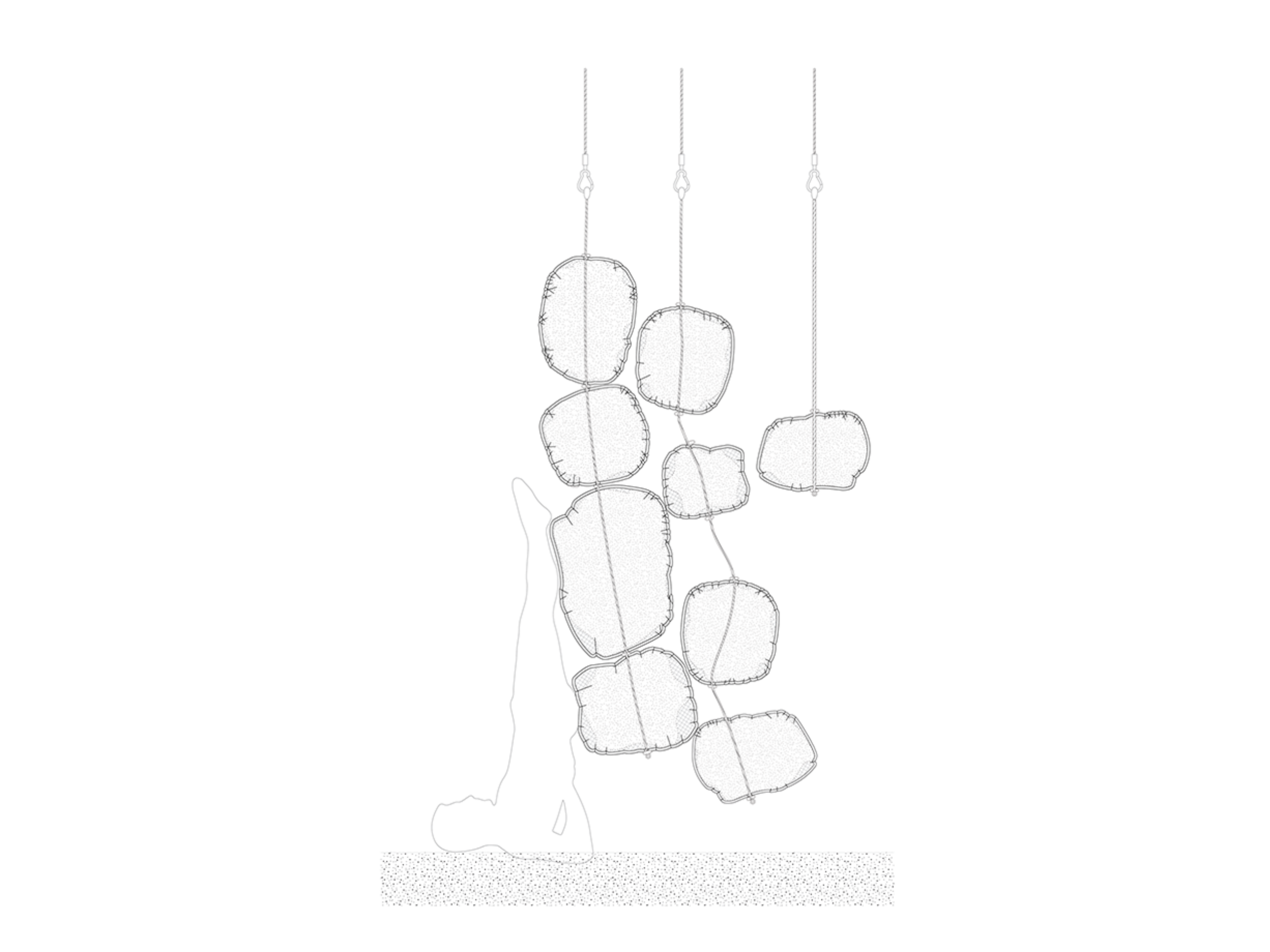 Body leaning legs on suspended lumps.
