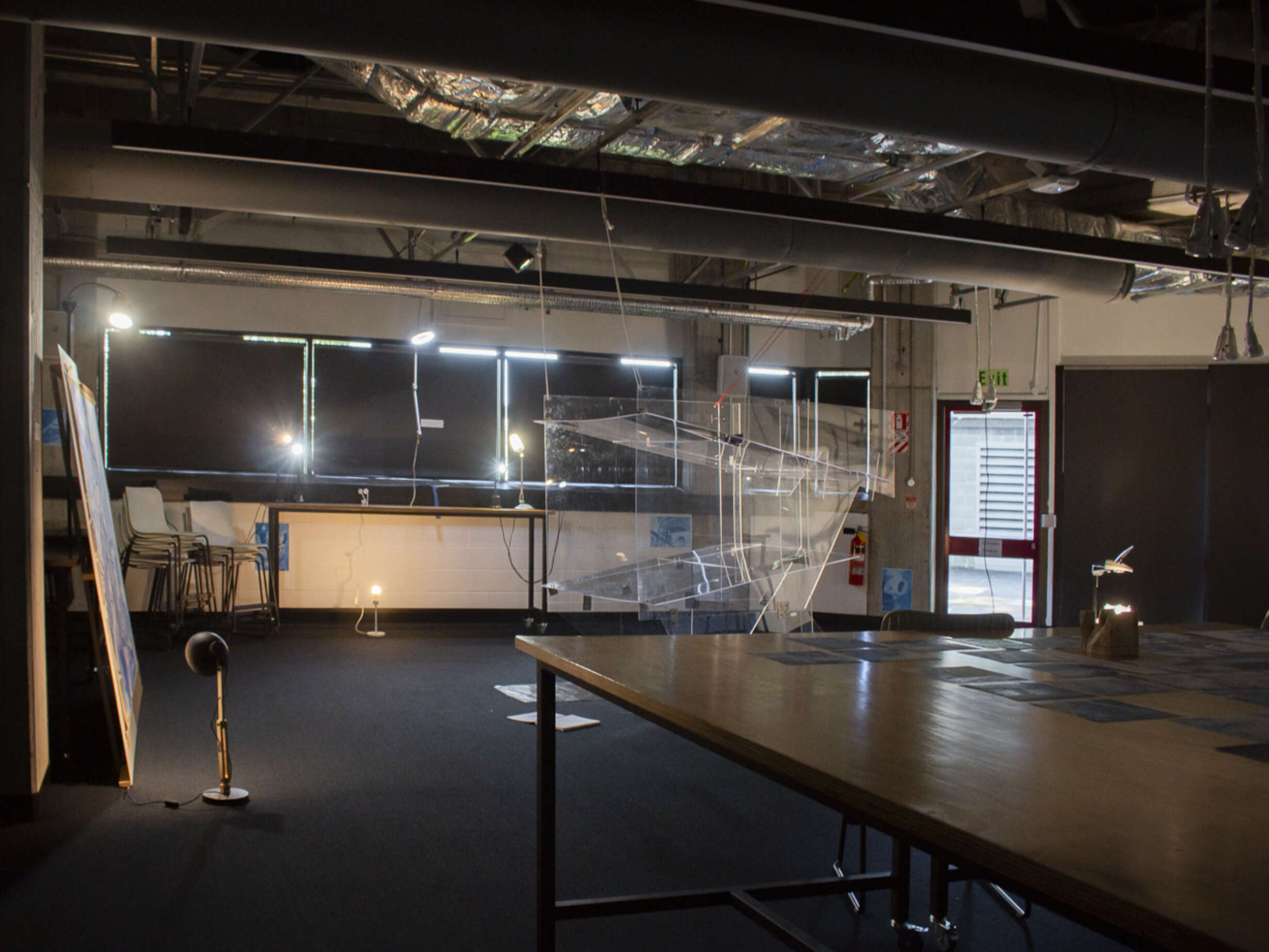 The three components together in the final Installation - Drawing (Left), Building (Middle), and Projection (Right)
