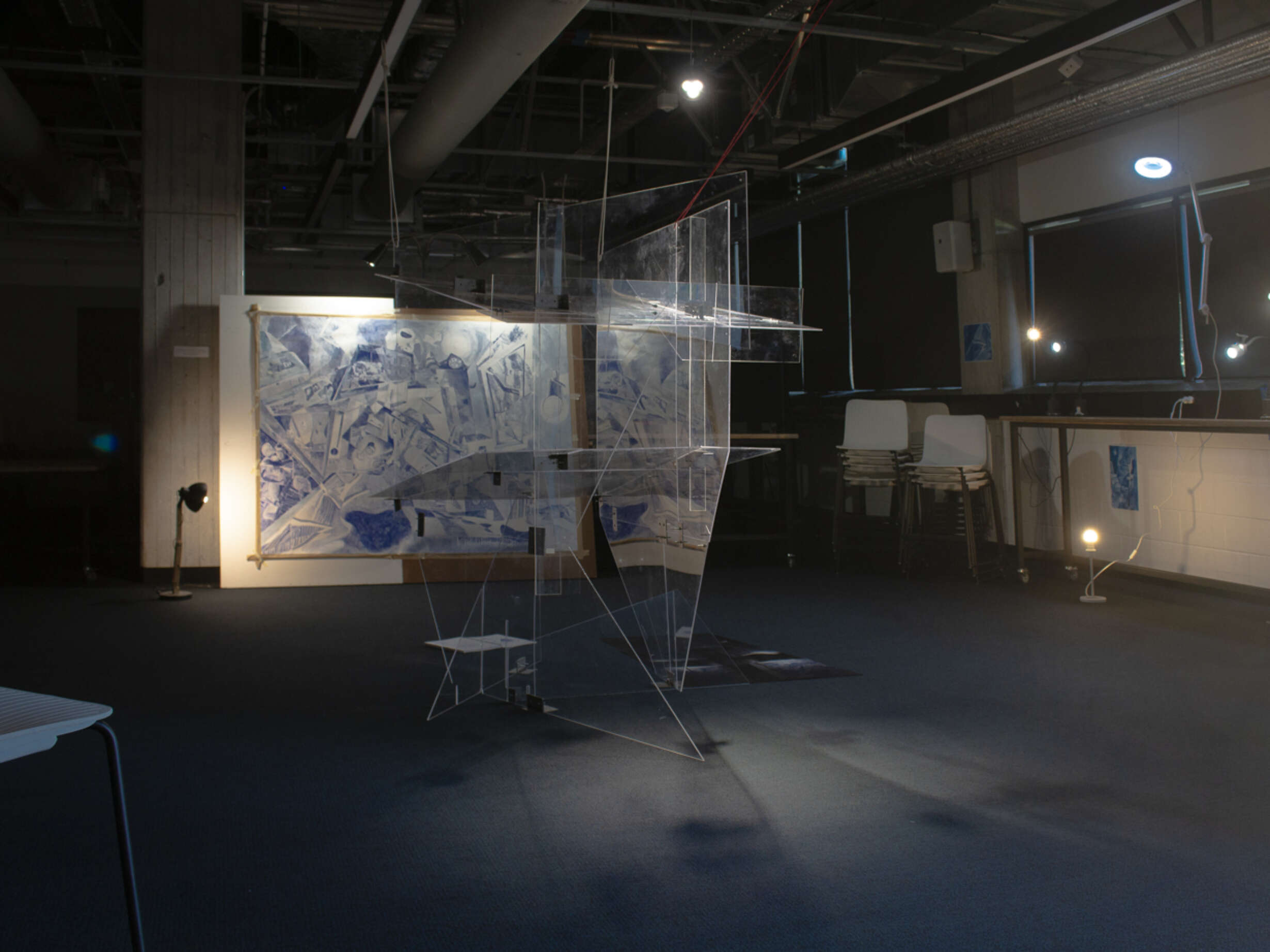 The Building - The Domestic Collapse - allowing the elements from the Drawing - (Your) My Bedroom - to spill out beyond the paper plane to occupy the Installation space