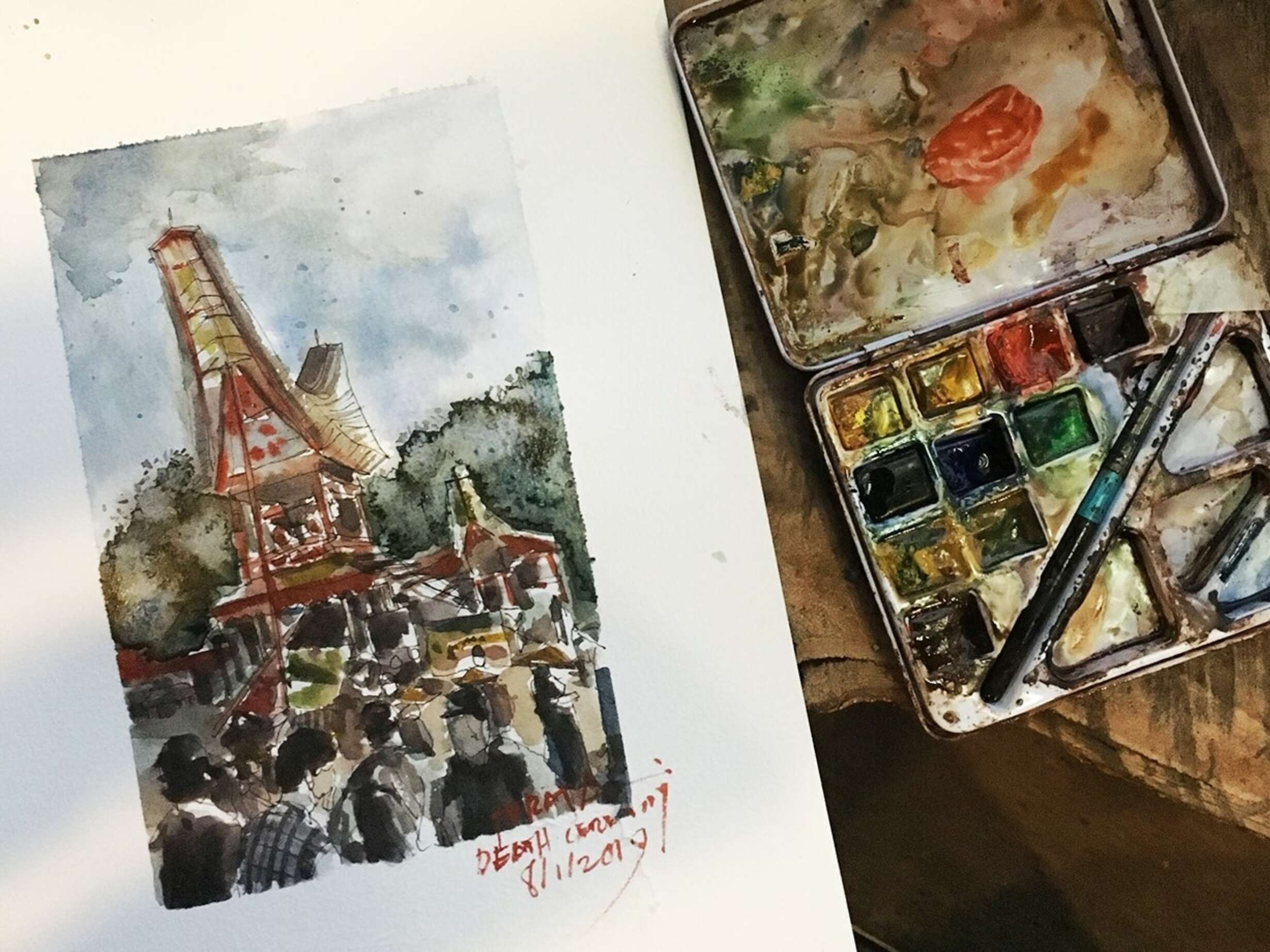En Plein Air: Toraja Death Ceremony. (Watercolour drawing by Author)