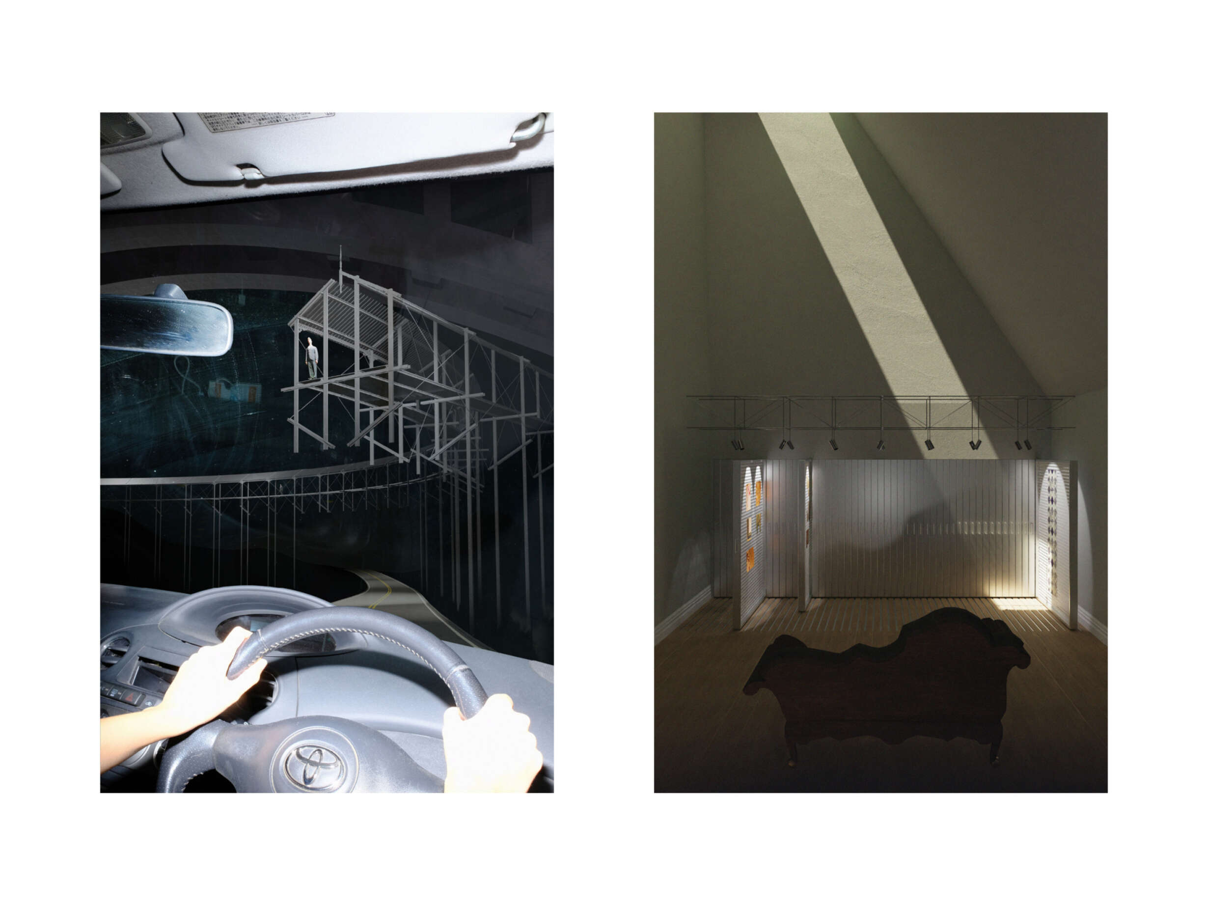 Car interior perspective looking north, underneath the proposed bridge’s tangent point; Interior of the wallpaper archive’s skylight vault. Historic wallpaper fragments are stored within the wall of vertical plan drawers.