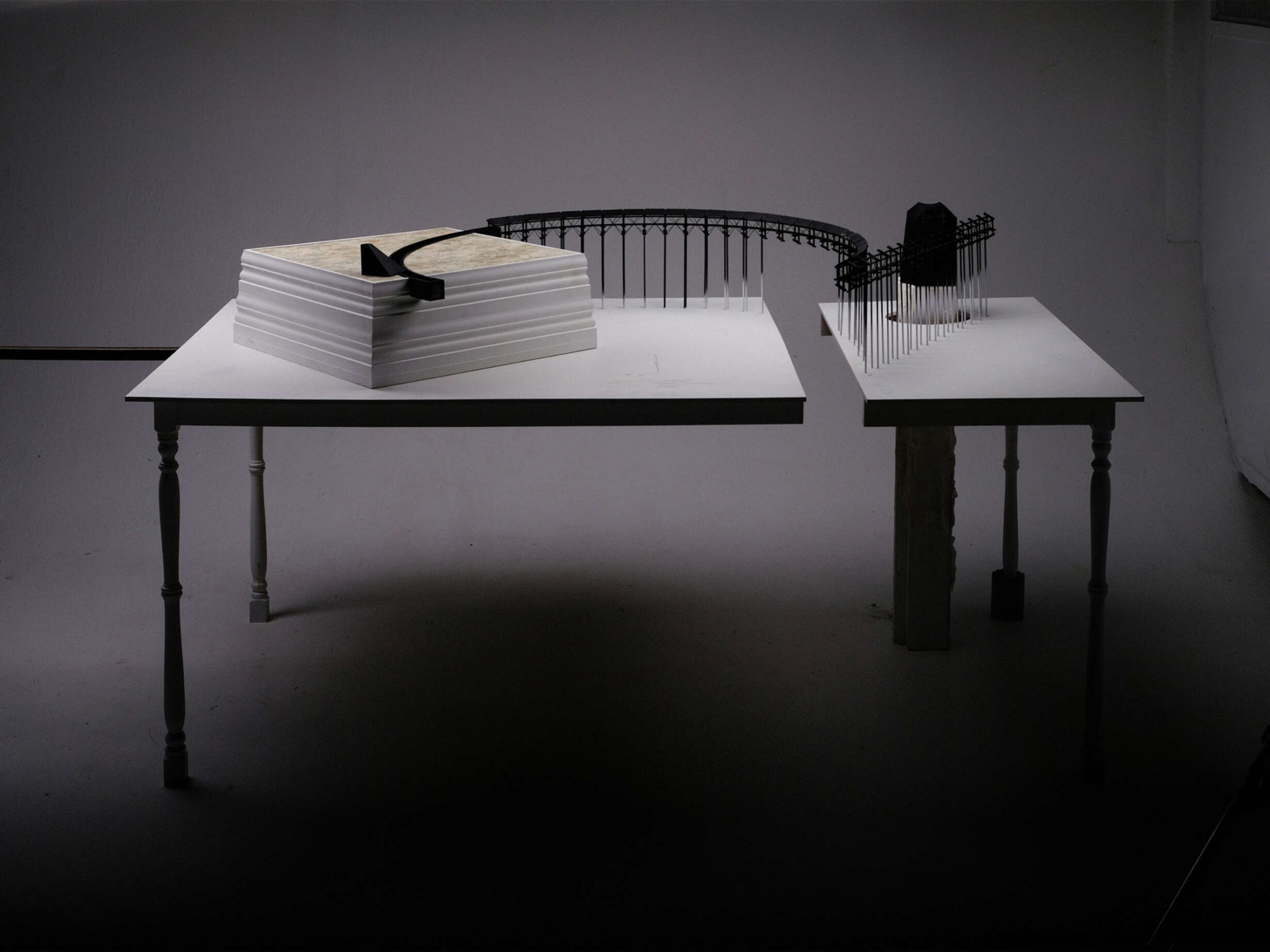 Model arrangement. Scale 1:100, timber balusters, timber moulding, wallpaper, MDF, paint, acrylic, concrete, steel, thread, stocking, polymer, plaster, 2400x1050x1000mm.