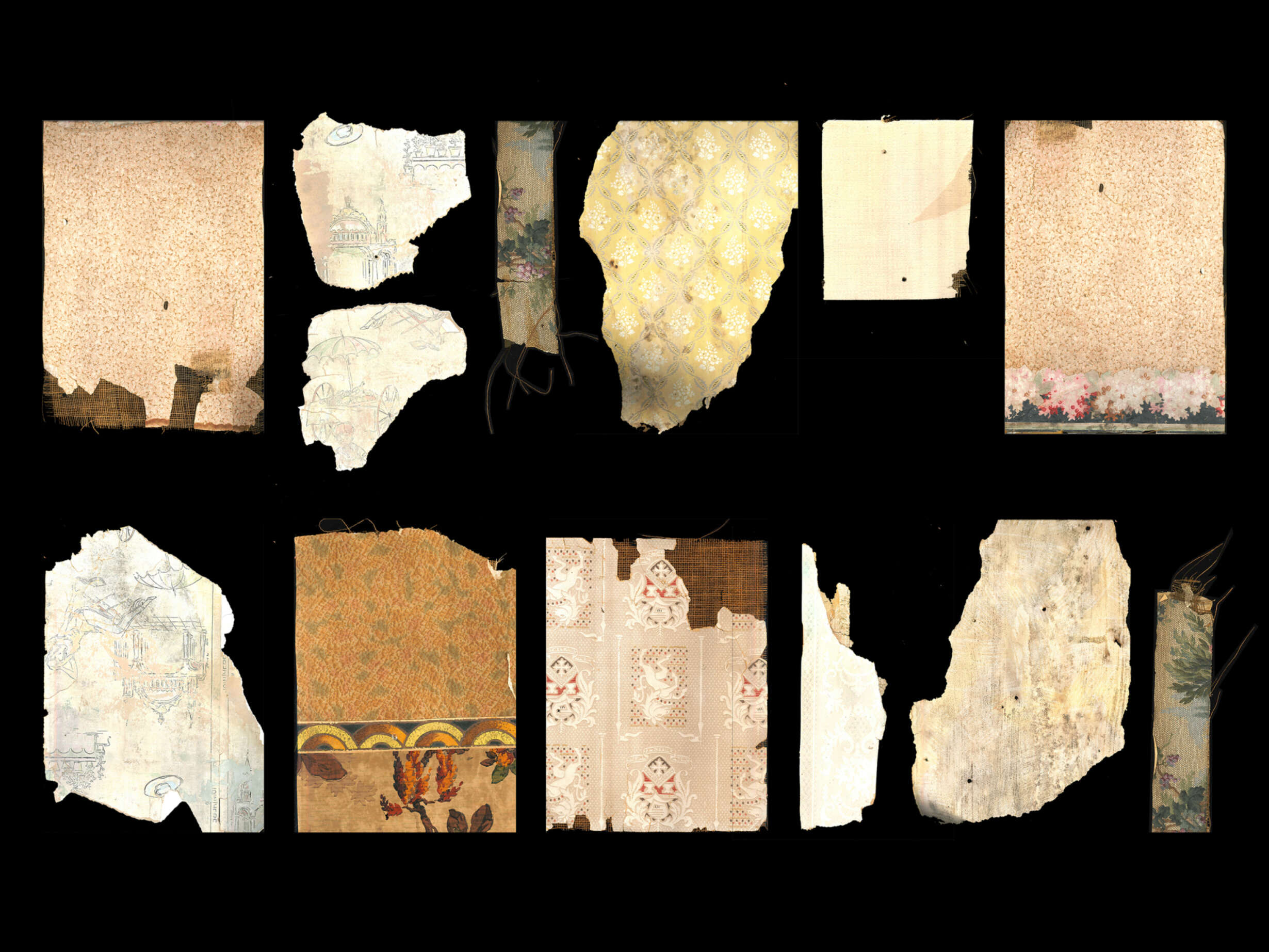 Fragments from Salmond Reed’s collection, many hand-printed, embossed and multi-layered. Fragment conditions are variable, often revealing their scrim backing.