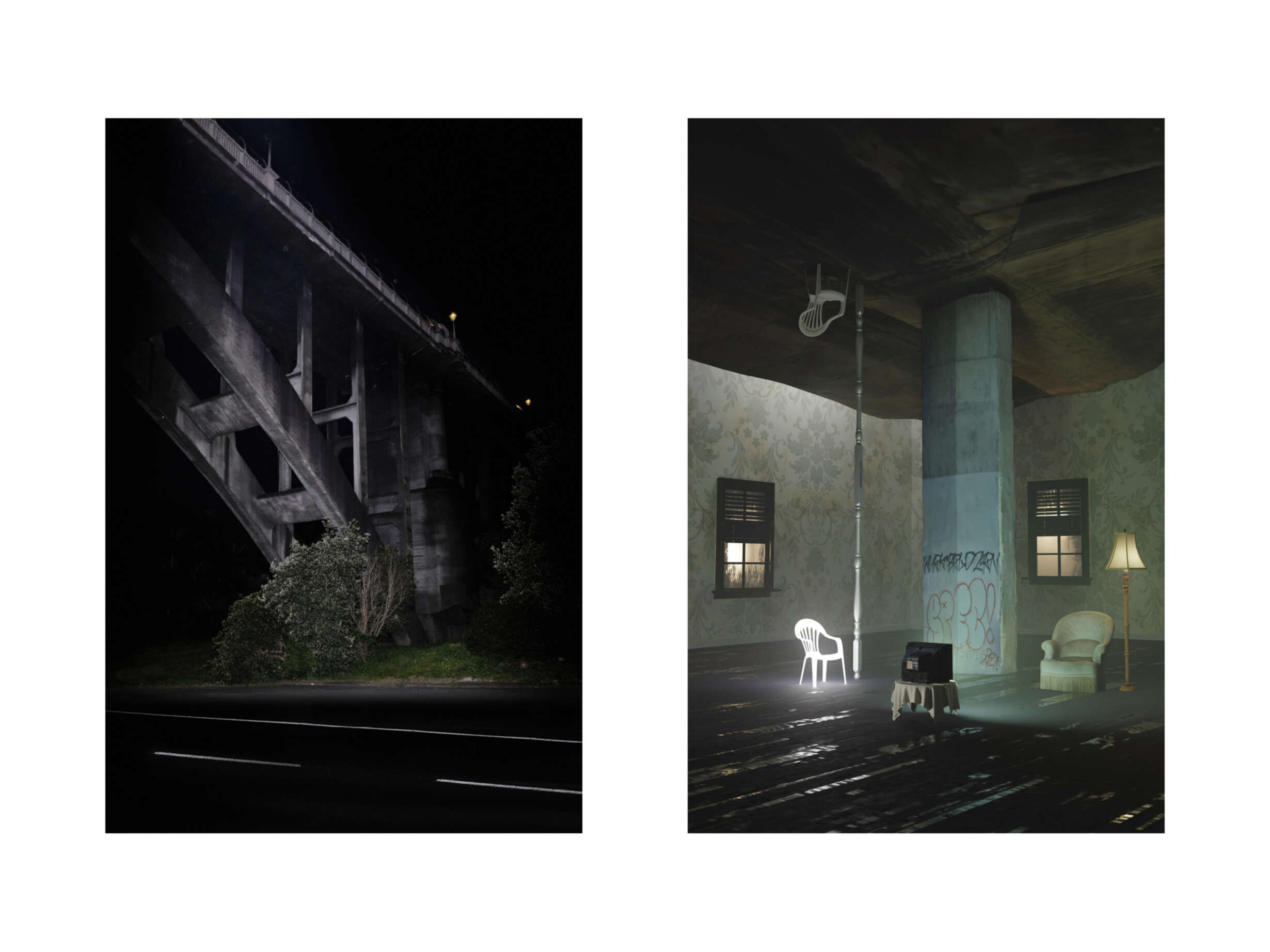 The Grafton Bridge’s eastern footing, sited on the motorway island; Time flattened into a single spatial condition, the motorway and the domestic coexisting.