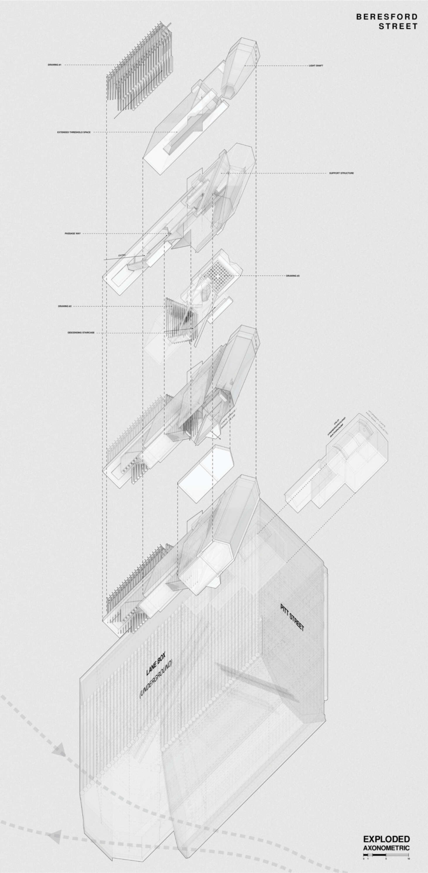 Exploded Axonometric drawing of Pitt Street